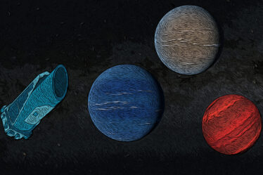 Illustration shows the Kepler Space Telescope, left, floating next to a blue planet, a grey planet, and a red planet of similar sizes.