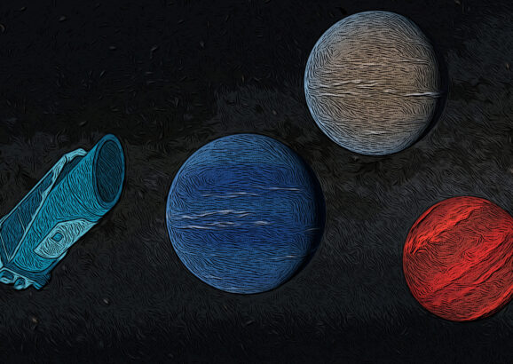 Illustration shows the Kepler Space Telescope, left, floating next to a blue planet, a grey planet, and a red planet of similar sizes.