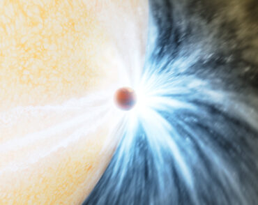 A dynamic rendering shows, on the left, the edge of a gigantic, yellow spherical star. A tiny red planet is in the middle and has skimmed the star. Rays of white light and blue energy radiate out from their touch.