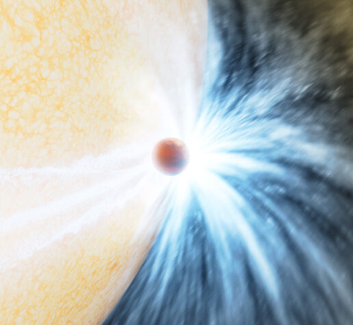 A dynamic rendering shows, on the left, the edge of a gigantic, yellow spherical star. A tiny red planet is in the middle and has skimmed the star. Rays of white light and blue energy radiate out from their touch.