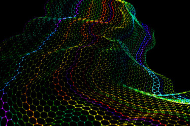 Decorative image shows a bending rainbow lattice on black background.