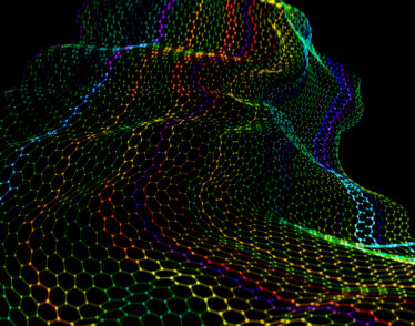 Decorative image shows a bending rainbow lattice on black background.