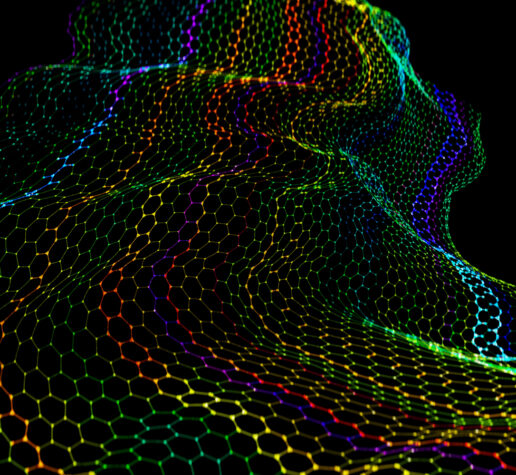 Decorative image shows a bending rainbow lattice on black background.