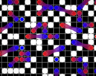 A crossword-type grid has white and black squares. In some black squares are red and blue balls. Some are linked together with a gradient line.