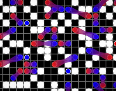 A crossword-type grid has white and black squares. In some black squares are red and blue balls. Some are linked together with a gradient line.