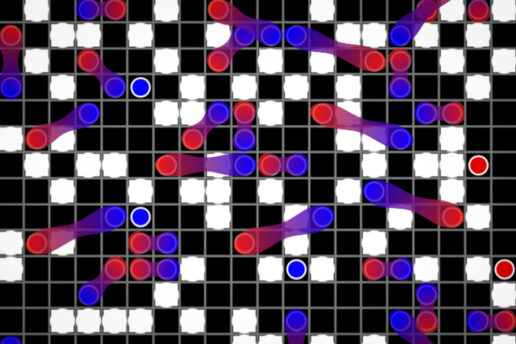 A crossword-type grid has white and black squares. In some black squares are red and blue balls. Some are linked together with a gradient line.