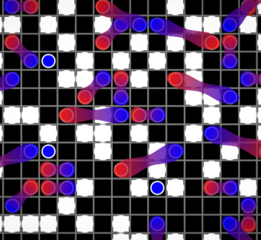A crossword-type grid has white and black squares. In some black squares are red and blue balls. Some are linked together with a gradient line.