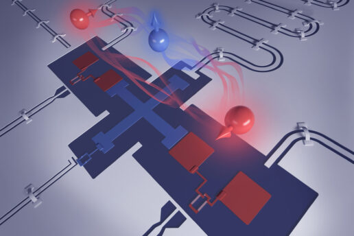 Superconducting qubit architecture resembling a cross, has blue “T” in center and four squares on longer ends.