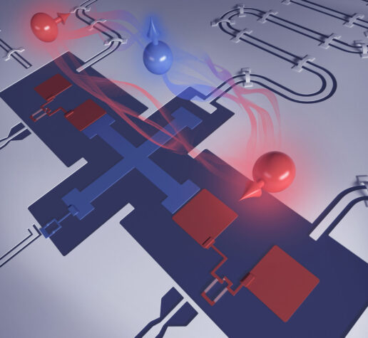 Superconducting qubit architecture resembling a cross, has blue “T” in center and four squares on longer ends.