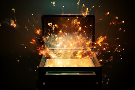 Conceptual image of an open box that has sparks flying out on a black background. The lid of the box resembles that of a laptop computer screen.