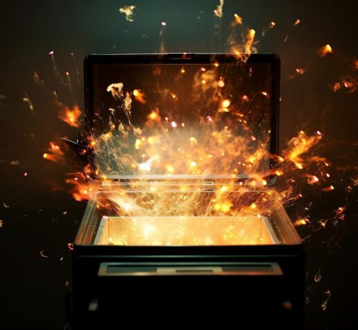 Conceptual image of an open box that has sparks flying out on a black background. The lid of the box resembles that of a laptop computer screen.