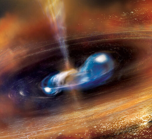 Two merging neutron stars, in blue light, circle each other. They blast out 2 jets of particles, above and below, and are surrounded by a huge ring of cloudy orange and yellow particles.