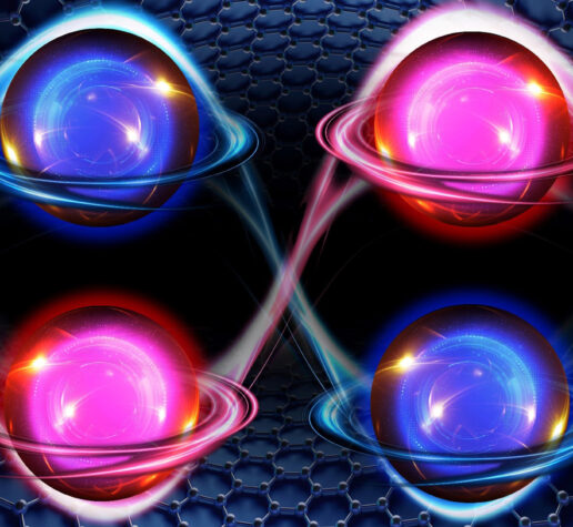 Graphic of 4 electrons paired between 2 layers of graphene with blue and red wisps of energy connecting them together