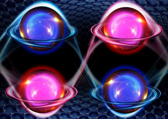 Graphic of 4 electrons paired between 2 layers of graphene with blue and red wisps of energy connecting them together