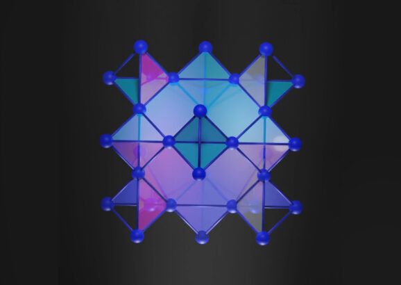 Rendering of a 3D crystal structure looks like a star made up of latticed cubes and pyramids.