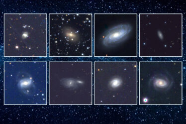 Eight inset photos of black holes on starry background.