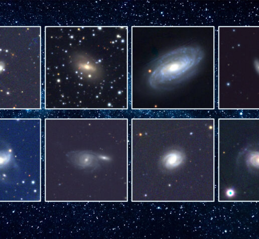 Eight inset photos of black holes on starry background.