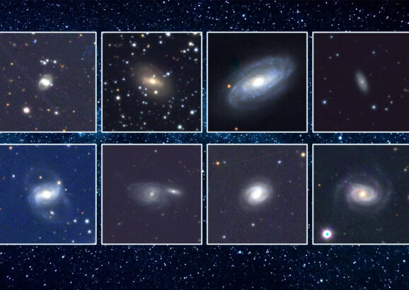 Eight inset photos of black holes on starry background.