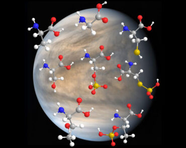 Venus in space with multi-colored amino acid molecules in its atmosphere