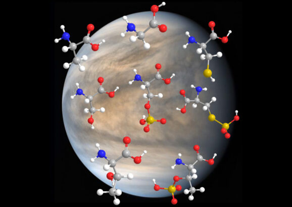 Venus in space with multi-colored amino acid molecules in its atmosphere