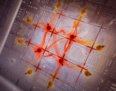 A futuristic quantum computer chip is made of a grid with qubits on the intersections. These red spherical qubits emit flame-like energy between them.