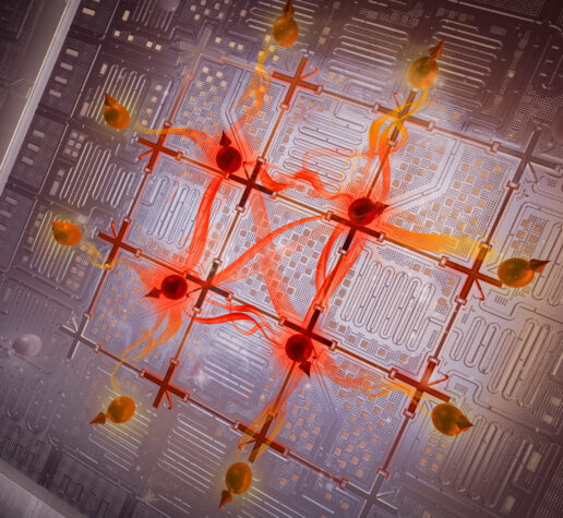 A futuristic quantum computer chip is made of a grid with qubits on the intersections. These red spherical qubits emit flame-like energy between them.