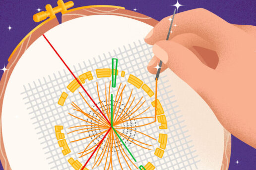 Illustration of someone embroidering a particle collision