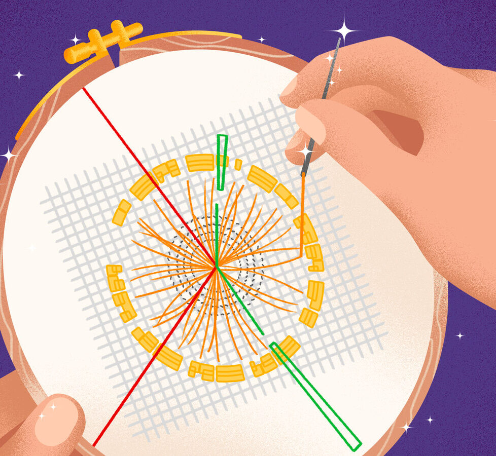 Illustration of someone embroidering a particle collision