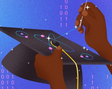 Illustration: A student scientist embroiders their graduation cap with atom