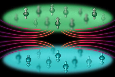 On top is a green cloud of atoms point up, and on bottom is a blue cloud of atoms pointing down. In between the clouds are lines representing a magnetic field repelling the atoms.