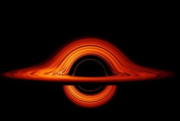 A black hole animation of the event horizon. It shows the swirling orange material around the central black void.