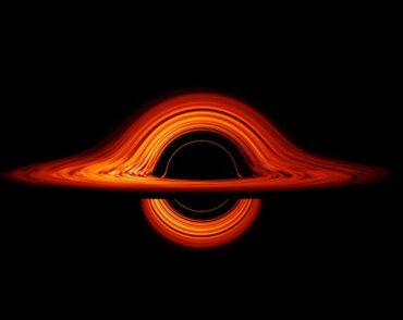 A black hole animation of the event horizon. It shows the swirling orange material around the central black void.