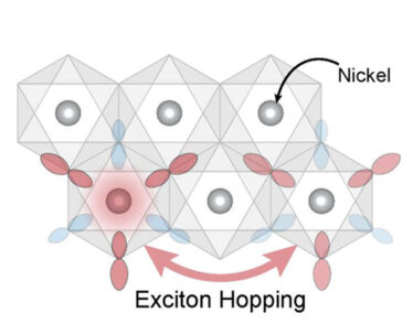 Schematic showing how exotic particles known as excitons can “hop” between nickel atoms (grey dots) in the nickel dihalide materials.
