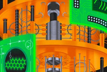 An illustration of a quantum machine is illustrated with a central core, with three panels attached, each depicting a different research area of physics.