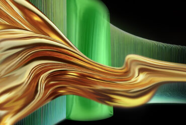 A golden fluid streams across horizontally in front of a green undulating wall.