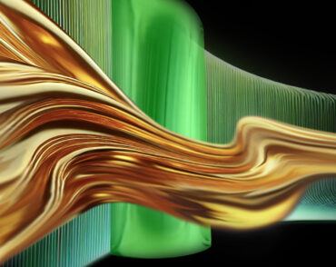 A golden fluid streams across horizontally in front of a green undulating wall.