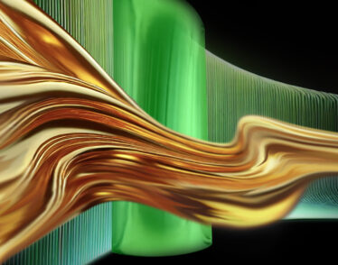 A golden fluid streams across horizontally in front of a green undulating wall.