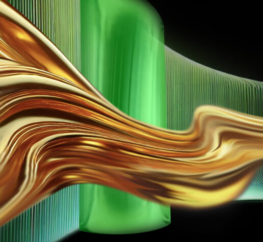 A golden fluid streams across horizontally in front of a green undulating wall.