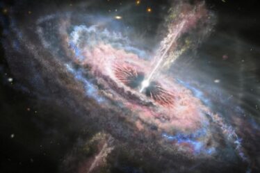 An artist's depiction shows how a quasar, which is the extremely bright core of a galaxy, unleashes torrents of energy from its central black hole.