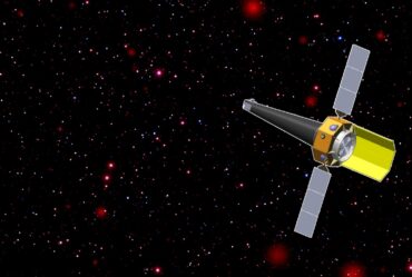 Illustration of the proposed AXIS Deep Extragalacitc Survey, a conical satellite with an octagonal heat shield and two solar panels, against a black star field