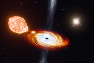 Illustration of a black hole at the center of a galaxy in the process of consuming a nearby star, which looks like an orange blob. A second, more regular, star appears at a distance.