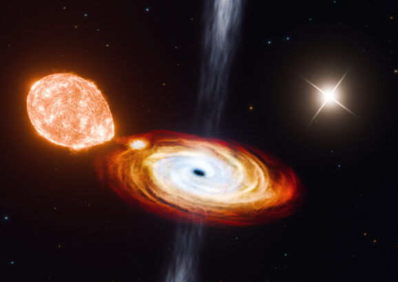 Illustration of a black hole at the center of a galaxy in the process of consuming a nearby star, which looks like an orange blob. A second, more regular, star appears at a distance.