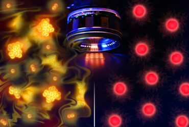 Digital college shows a lens with stylized atoms, yellow on the left and red on the right