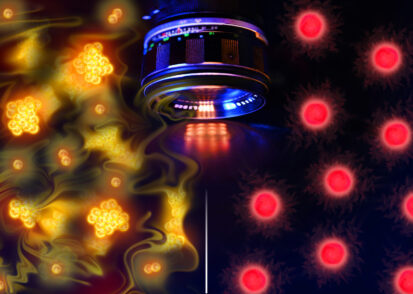 Digital college shows a lens with stylized atoms, yellow on the left and red on the right