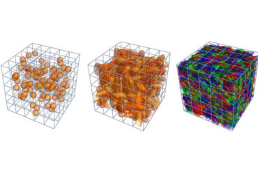 three transparent cubes contain different items in different shapes and sizes