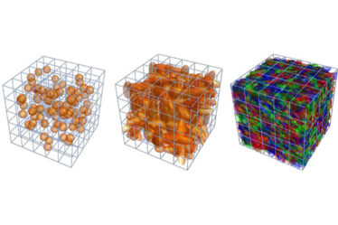 three transparent cubes contain different items in different shapes and sizes