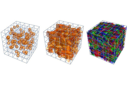 three transparent cubes contain different items in different shapes and sizes