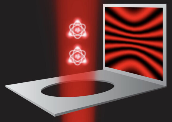 Figure shows a beam of red light with two atom icons in it, going through a hole. A screen depicts bending red light.