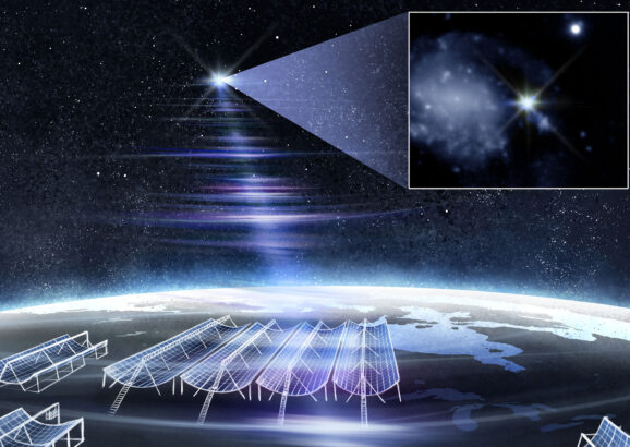 Illustration shows Earth with an array of CHIME antennae. Inset shows a bright radio burst.