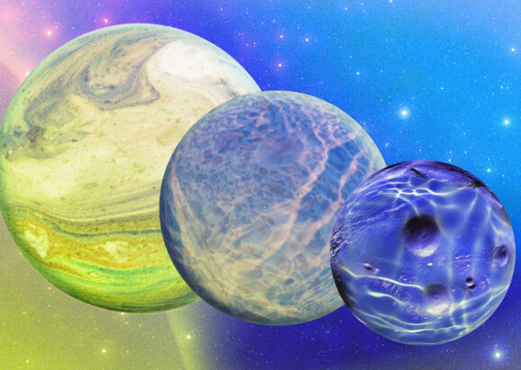 Three colorful watery planets in space